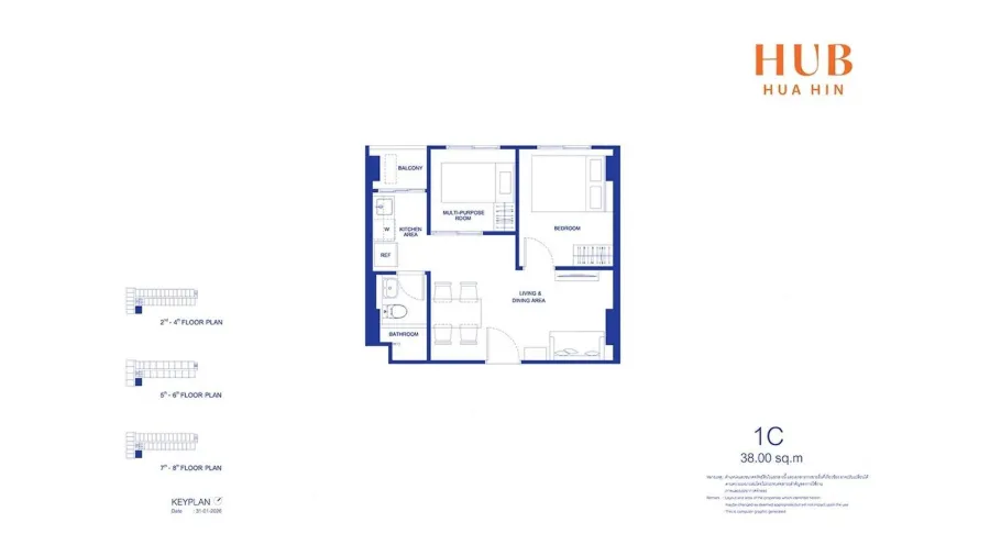 Квартира с 1 спальней 39 м² и кабинетом в Hub Hua Hin — Планировка 1