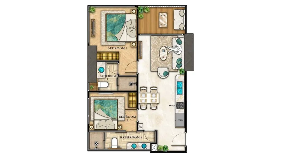 2 ห้องนอน 61 ตร.ม. ฝั่งติดหาด — The Riviera Palm Beach — แปลนห้อง 1