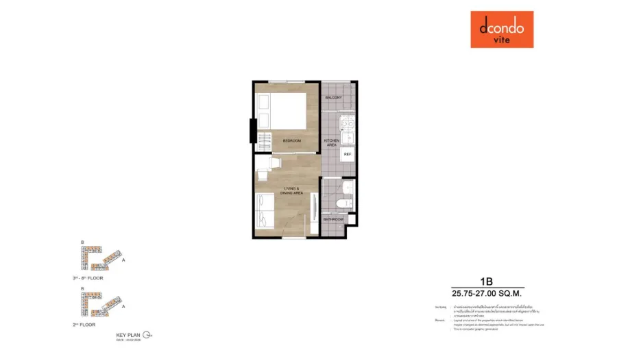 ห้อง 1 ห้องนอน 27 ตร.ม. วิวสระว่ายน้ำ ใน dcondo Vite Pattaya — แปลนห้อง 1