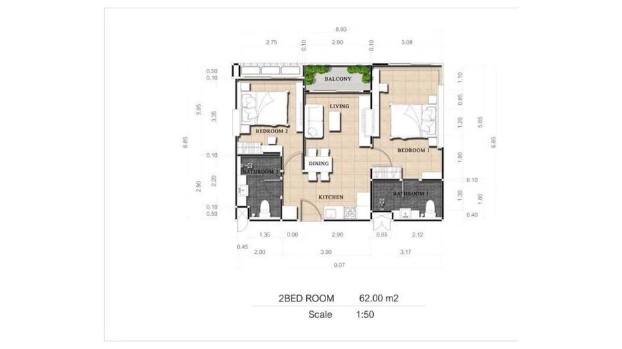 2 Bedroom 62 m² in Dusit Grand Park 2 — Floor plan 1