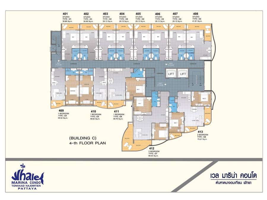 单间公寓 30 m² 绿景阳台 — Whale Marina — 户型图 2