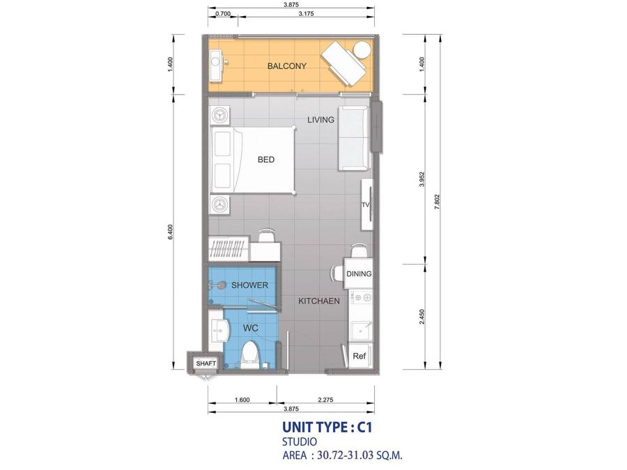 单间公寓 30 m² 绿景阳台 — Whale Marina — 户型图 1