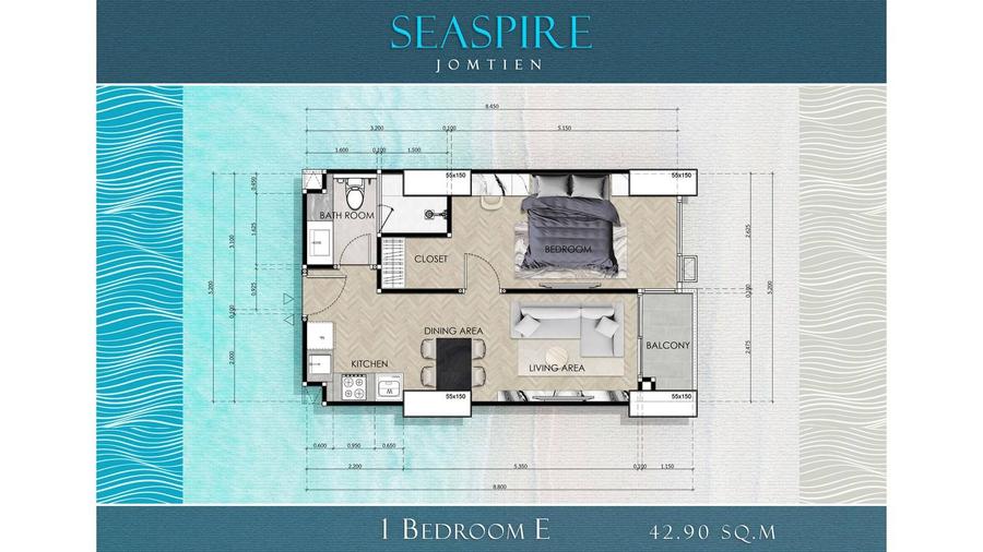 1 ห้องนอน 43 ตร.ม. ใน Seaspire Jomtien — แปลนห้อง 1
