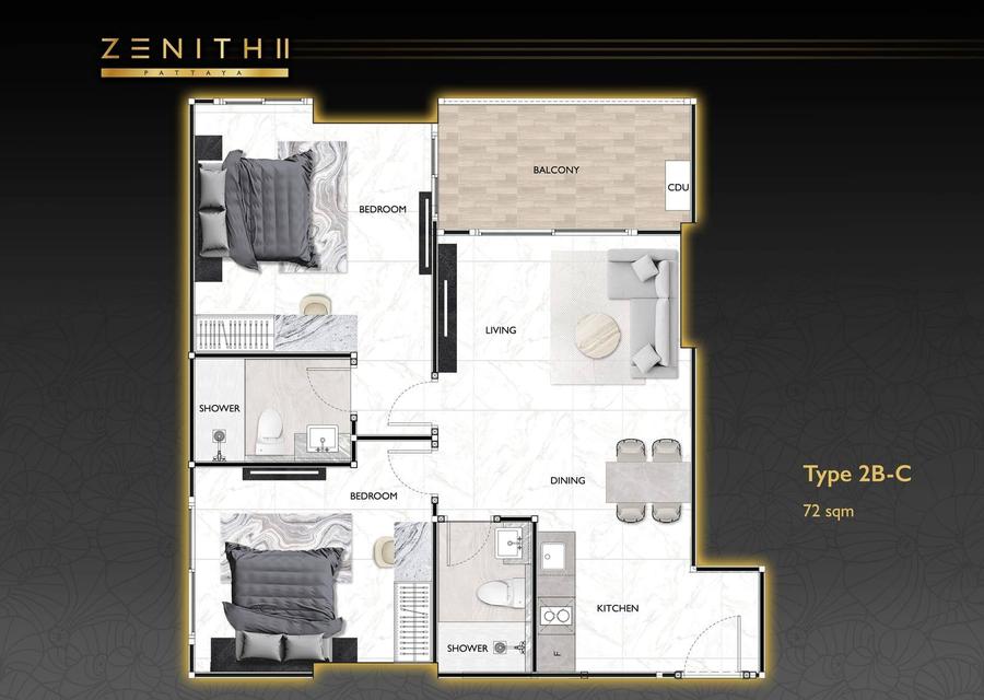 2 bedrooms in Zenith 2 Pattaya — Floor plan 2