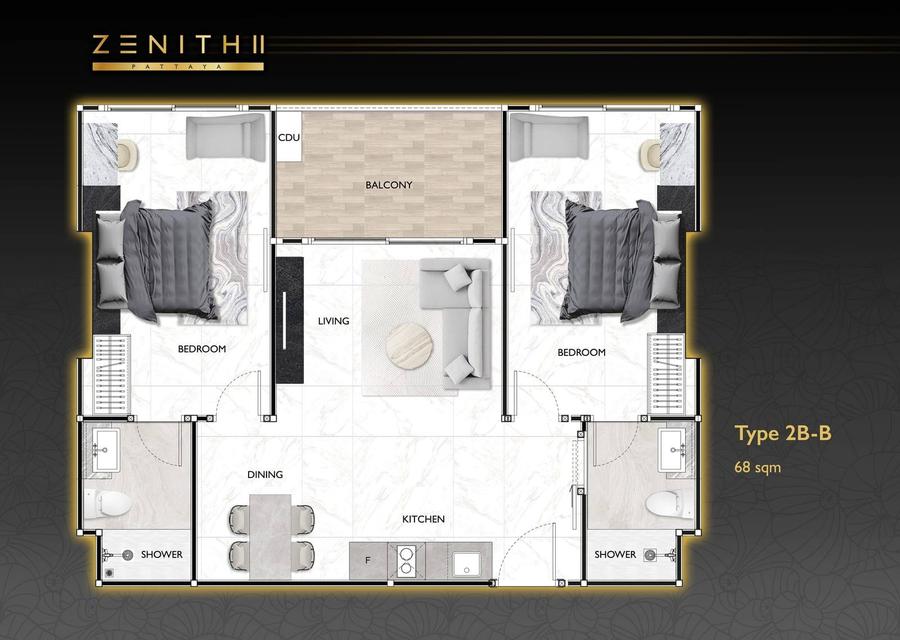 2 bedrooms in Zenith 2 Pattaya — Floor plan 1