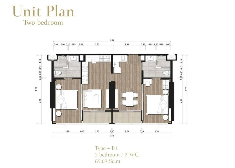 2 Schlafzimmer im The Panora Pattaya — Grundriss 1