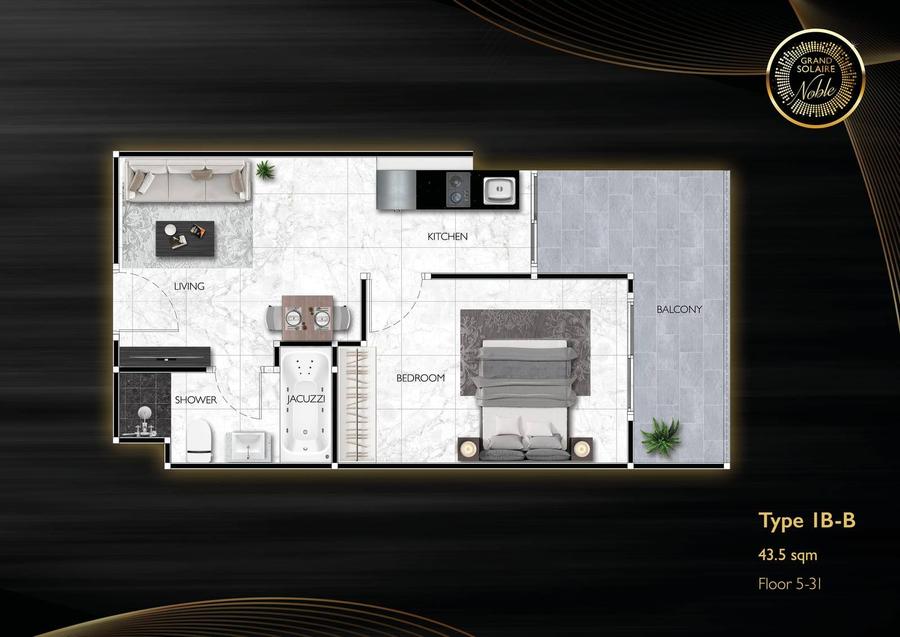 ห้อง 1 ห้องนอนกว้างขวางใน Grand Solaire Noble — แปลนห้อง 1