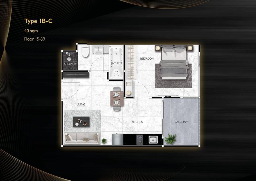 ห้อง 1 ห้องนอนกว้างขวางใน Grand Solaire Noble — แปลนห้อง 2