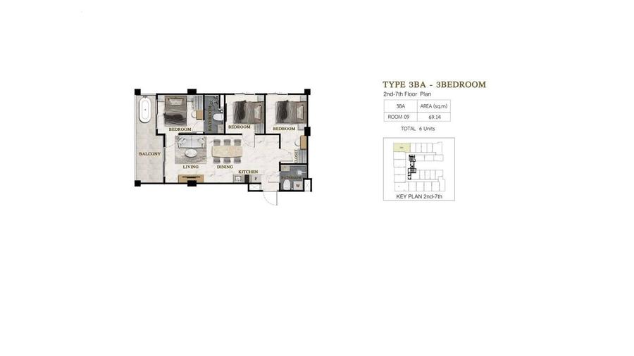 Квартира с 3 спальнями 69 м² с видом на море в Siam Oriental Beach — Планировка 1
