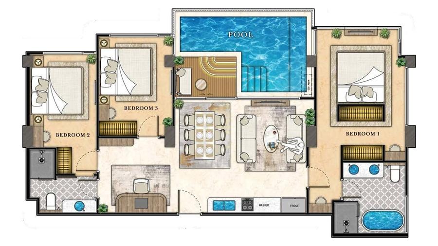 Wohnung mit 3 Schlafzimmern und Spa-Pool 111 m² im The Riviera Beverly Hills — Grundriss 1