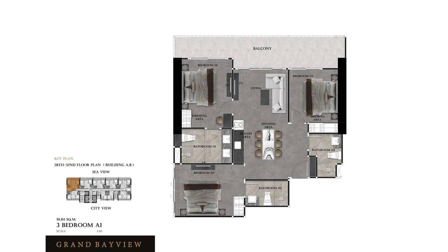 Grand Bay View 三居室 93 平方米 — 芭提雅市中心 — 户型图 1