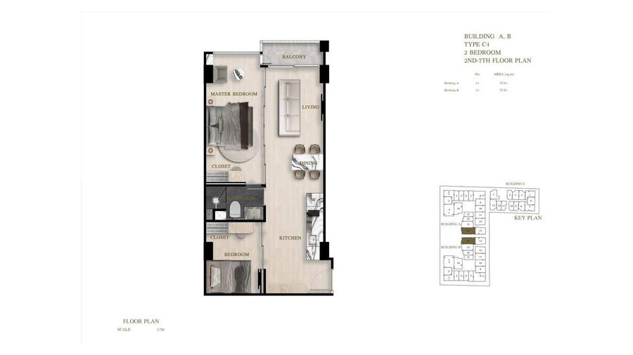 ห้อง 2 ห้องนอนวิวทะเล 58 ตร.ม. ใน Siam Oriental Oasis — แปลนห้อง 1