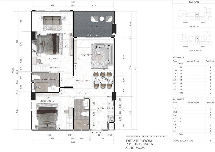 2-Bedroom 55 m², Pool View — Avenue Boutique — Floor plan 1