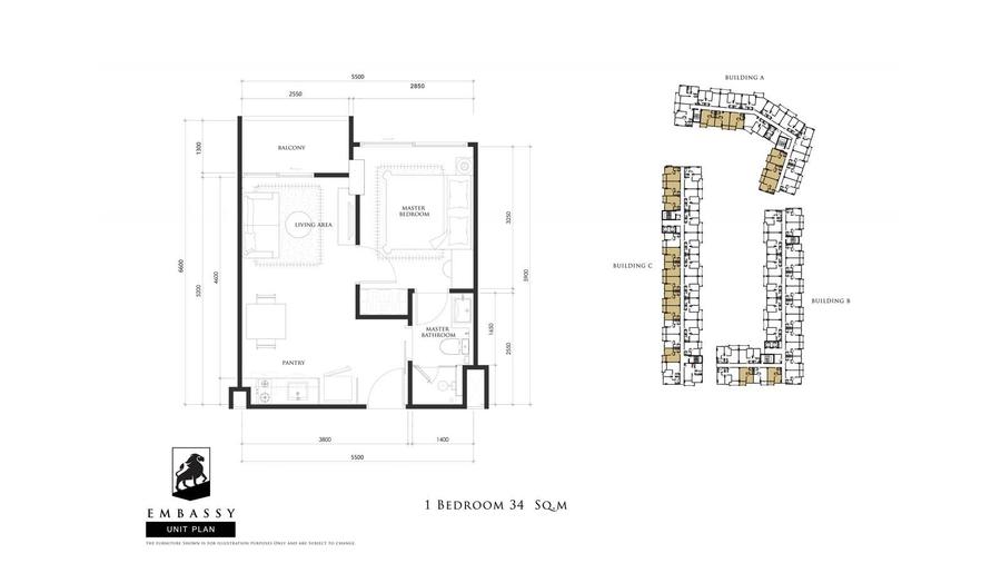 Embassy Pattaya 34 平方米一居室公寓 — 户型图 2
