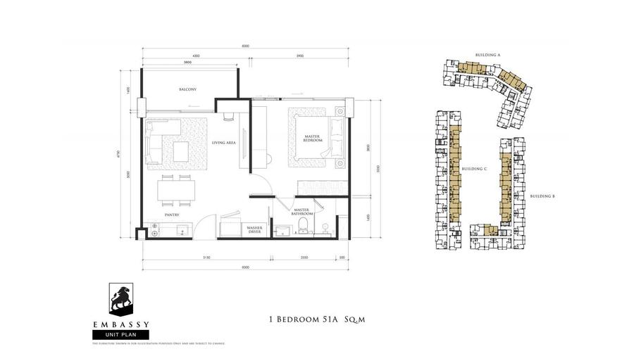 Квартира с 2 спальнями, 51 м², в Embassy Pattaya — Планировка 1