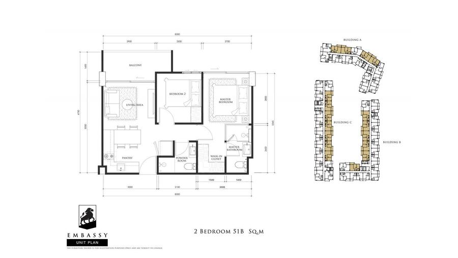 Квартира с 2 спальнями, 51 м², в Embassy Pattaya — Планировка 2