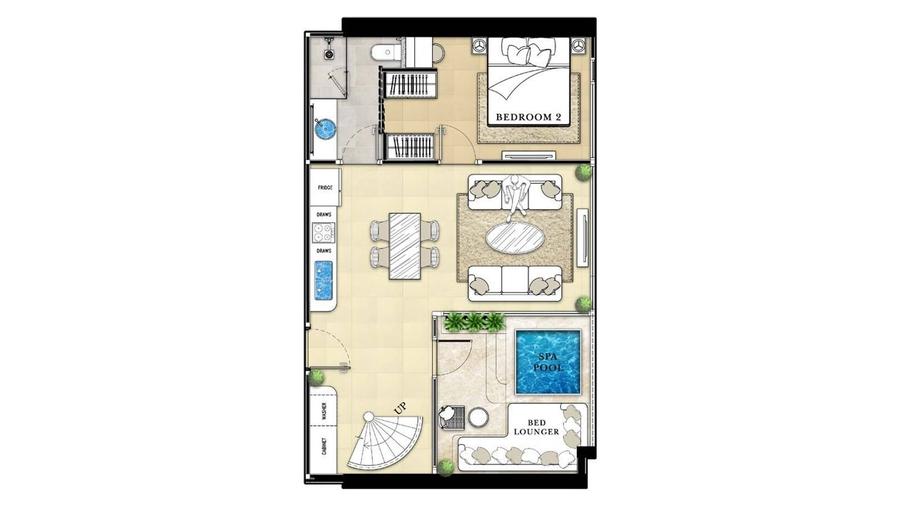 ห้องสองชั้น 2 ห้องนอน 98 ตร.ม. พร้อมสระสปาส่วนตัว ใน The Riviera Malibu — แปลนห้อง 1