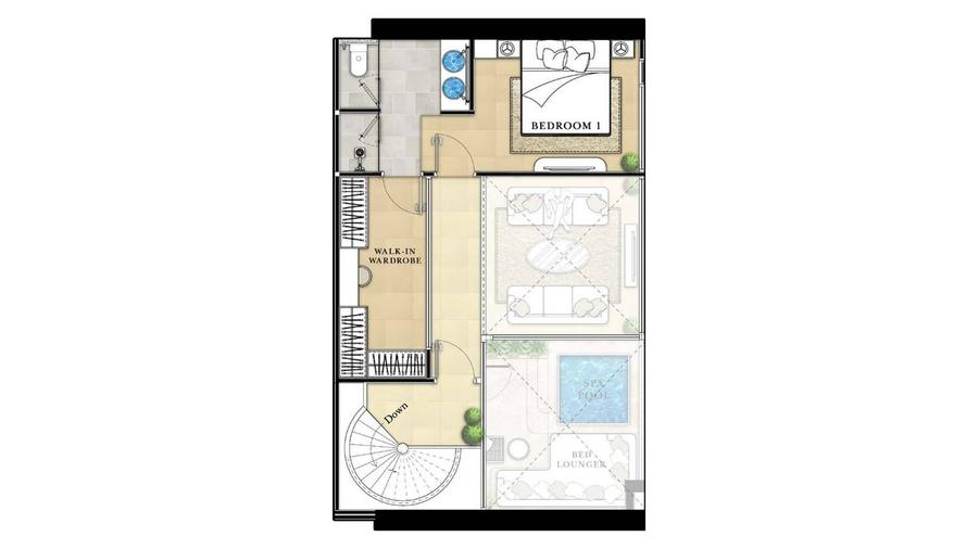 ห้องสองชั้น 2 ห้องนอน 98 ตร.ม. พร้อมสระสปาส่วนตัว ใน The Riviera Malibu — แปลนห้อง 2
