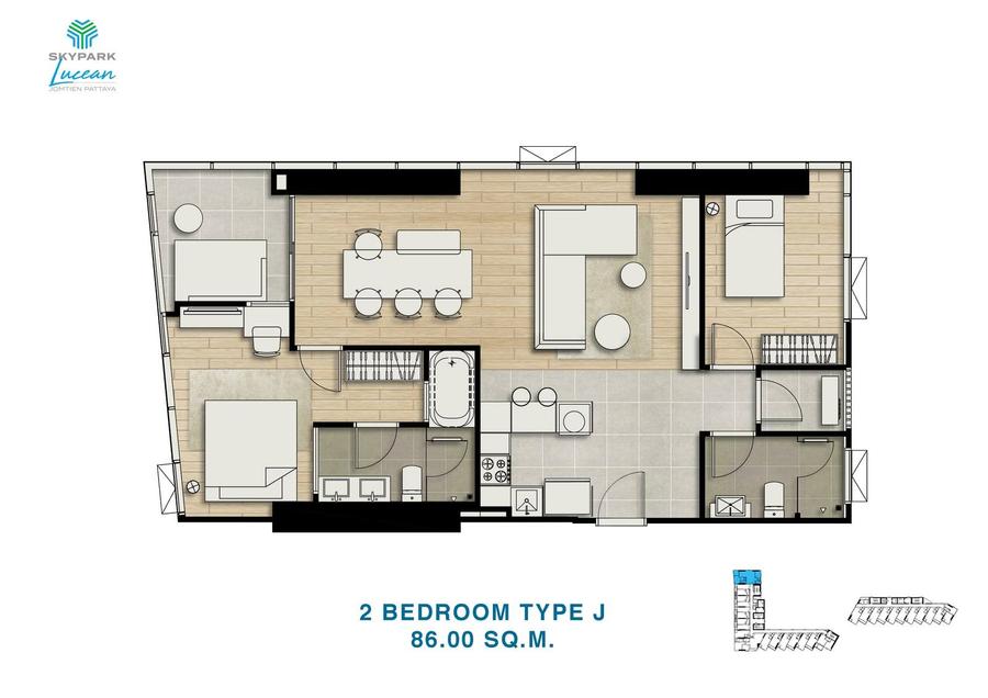 2 Schlafzimmer 86 m² im Skypark Lucean — Jomtien — Grundriss 1