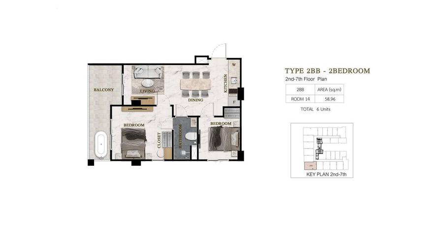 Sea View 2-Bedroom Apartment 59 m² in Siam Oriental Beach — Floor plan 1