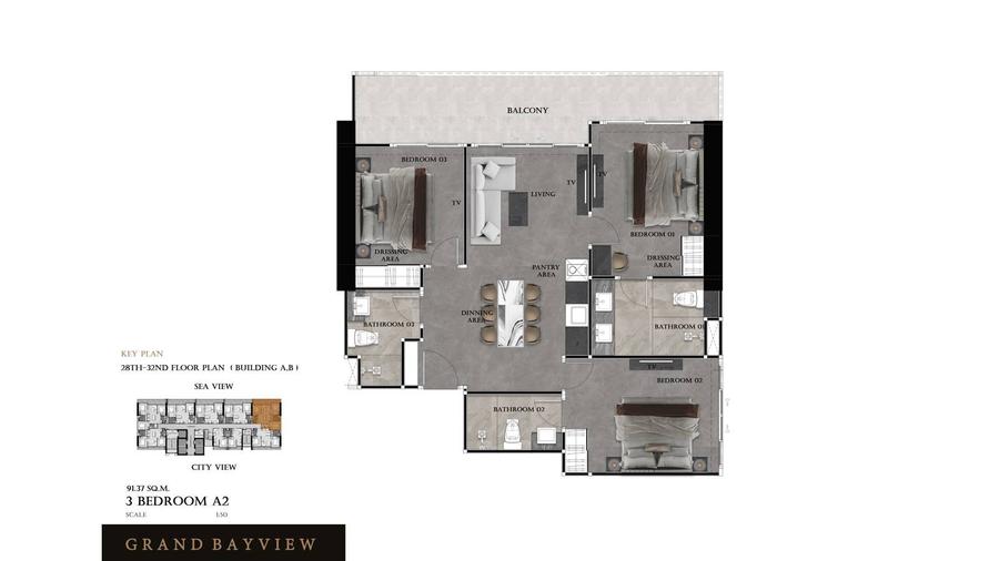 Grand Bay View 三居室 93 平方米 — 芭提雅市中心 — 户型图 2