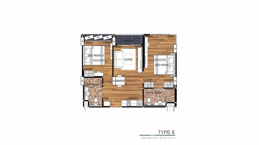 2 спальни 63 м² с видом на бассейн в Dusit Grand Park — Планировка 1