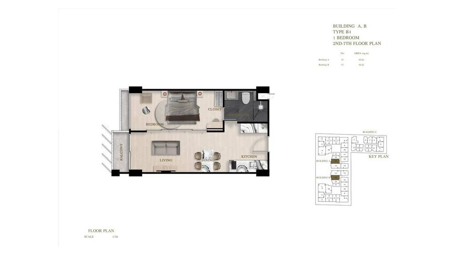 Квартира с 1 спальней 48 м² с видом на море в Siam Oriental Oasis — Планировка 1