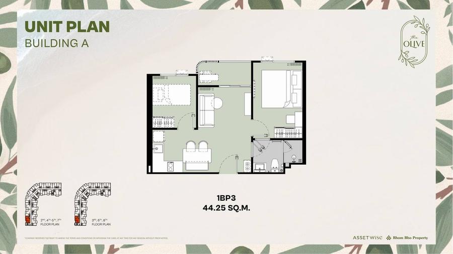 1 Schlafzimmer Plus 44 m² in The Olive — Grundriss 1