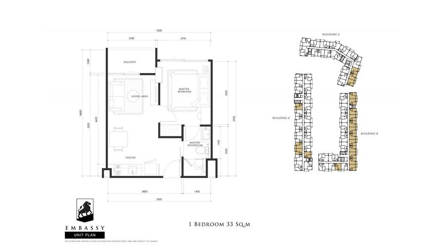 Embassy Pattaya 34 平方米一居室公寓 — 户型图 1