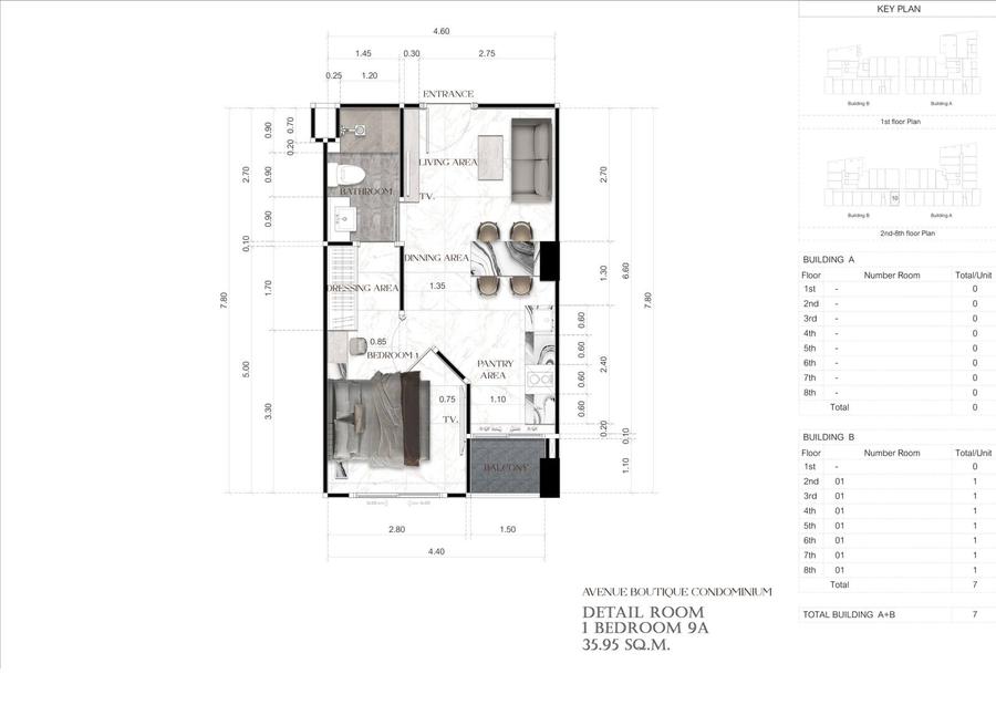 1 спальня 35 м² — Avenue Boutique, центр — Планировка 14