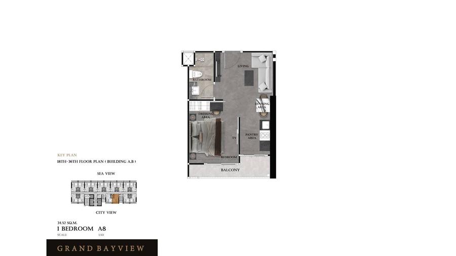 1 ห้องนอน 35 ตร.ม. ใน Grand Bay View — พัทยากลาง — แปลนห้อง 2