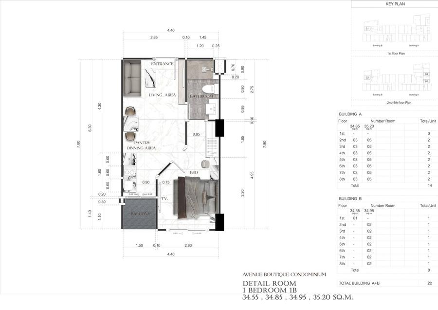 1 спальня 35 м² — Avenue Boutique, центр — Планировка 2