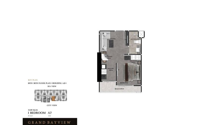 1 ห้องนอน 35 ตร.ม. ใน Grand Bay View — พัทยากลาง — แปลนห้อง 1