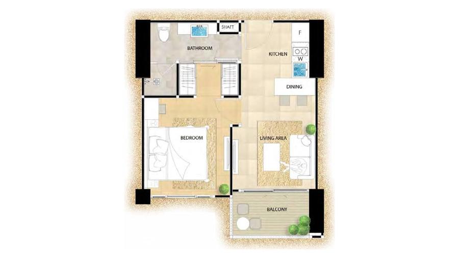 1 спальня 40 м², вид на море — The Riviera Monaco — Планировка 1