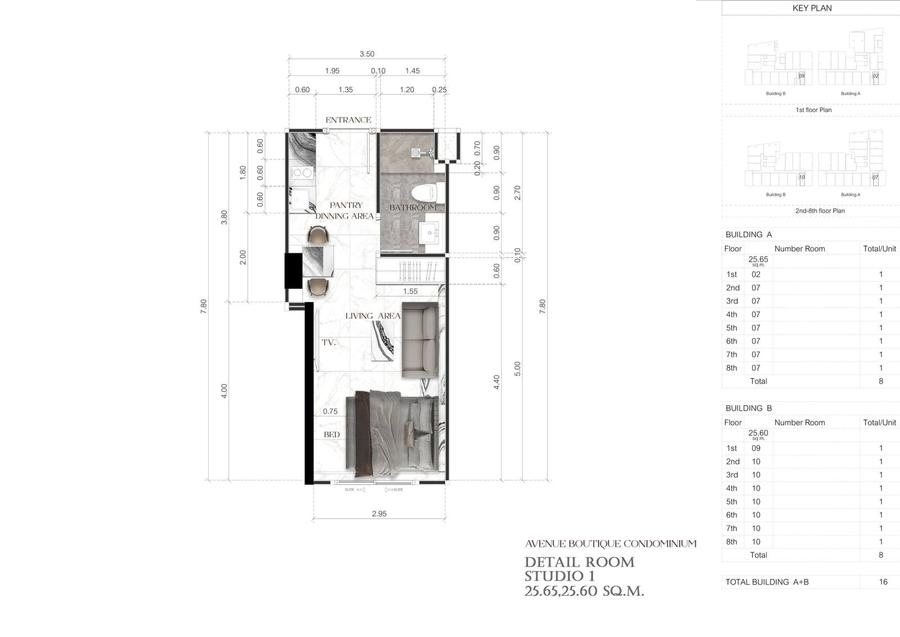 Avenue Boutique Condominium 芭提雅市中心 26㎡ 开间公寓 — 户型图 1