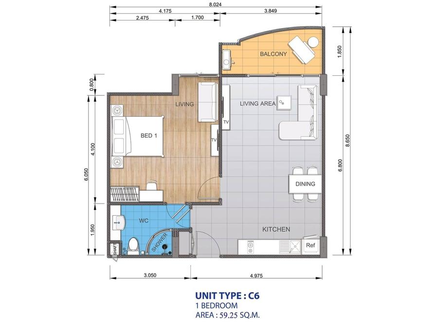 2 ห้องนอน 60 ตร.ม. วิวสระว่ายน้ำ — Whale Marina — แปลนห้อง 2