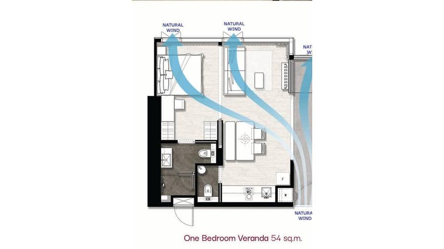 1 Schlafzimmer mit Veranda 54 m² in Once Wongamat — Grundriss 1