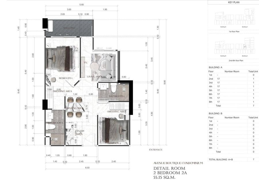 2-Bedroom 55 m², Pool View — Avenue Boutique — Floor plan 3