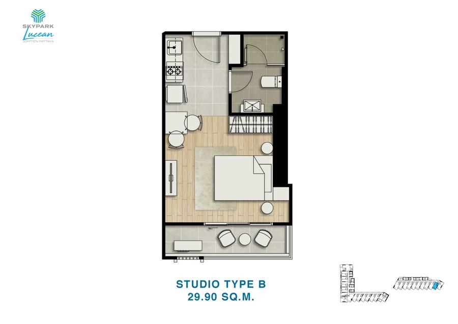 สตูดิโอ 29.9 ตร.ม. ที่ Skypark Lucean — จอมเทียน — แปลนห้อง 1