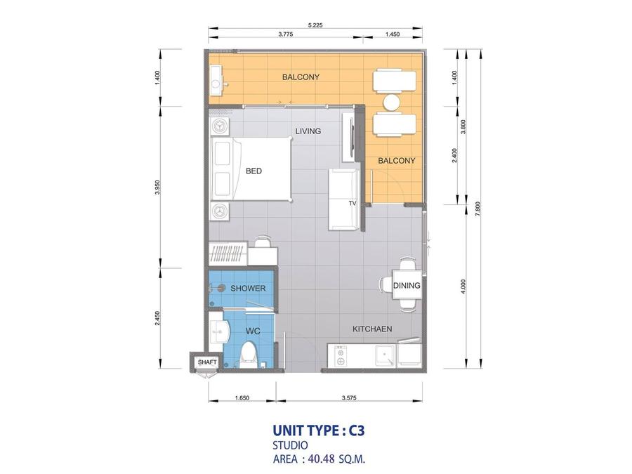1 спальня 42 м² с угловым балконом — Whale Marina — Планировка 1