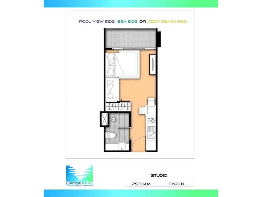 สตูดิโอ 26 m² — Water Park, พระตำหนัก — แปลนห้อง 2