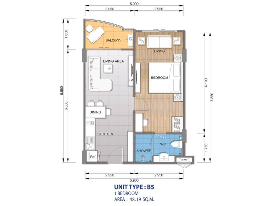 1 ห้องนอนกว้าง 48 ตร.ม. — Whale Marina — แปลนห้อง 2