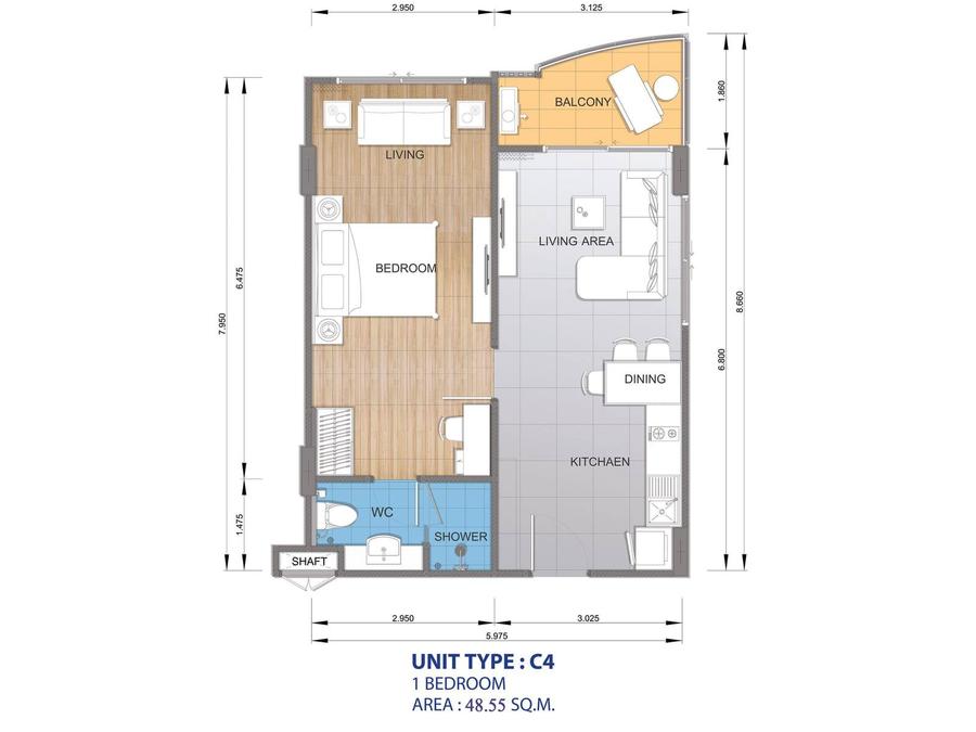 1 спальня в Whale Marina Condominium — Планировка 1