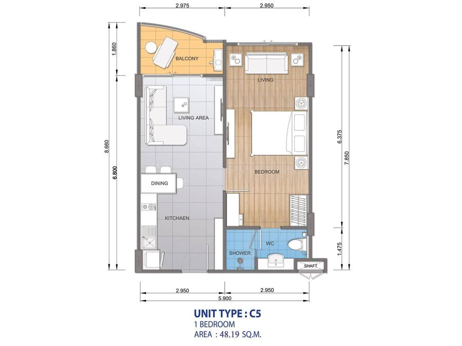 1 спальня в Whale Marina Condominium — Планировка 2